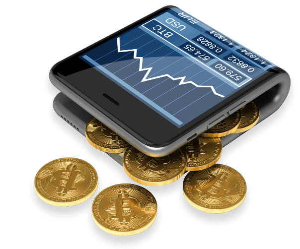 Phone with bitcoin graph and physical coins